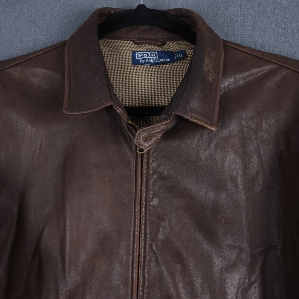 Vintage Polo Ralph Lauren Bomber Jacket Mens XL Brown Soft Leather Full Zip